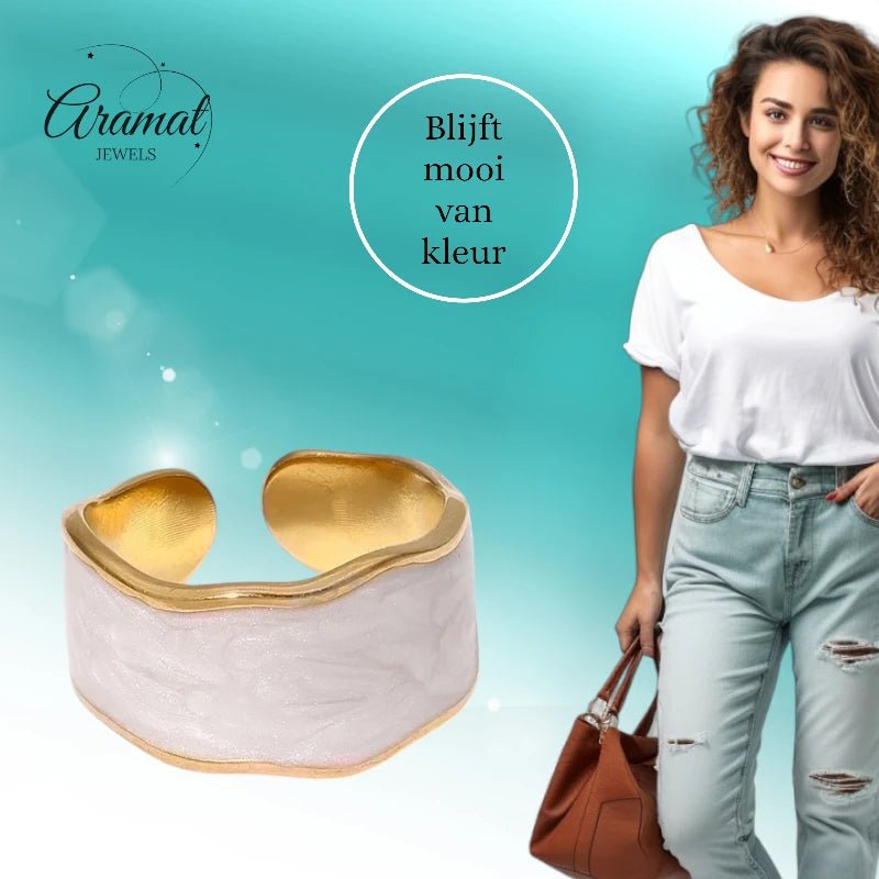 Damesring Verstelbaar &acirc;&euro;&ldquo; Open Ring met Witte Parelmoer Inlay &acirc;&euro;&ldquo; 