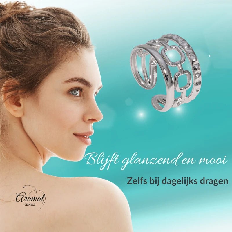 Damesring Verstelbaar &acirc;&euro;&ldquo; Open Ring met Gladde, Schakel & Bewerkte Lijn &acirc;