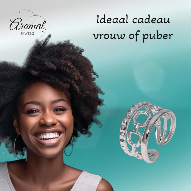 Damesring Verstelbaar &acirc;&euro;&ldquo; Open Ring met Gladde, Schakel & Bewerkte Lijn &acirc;