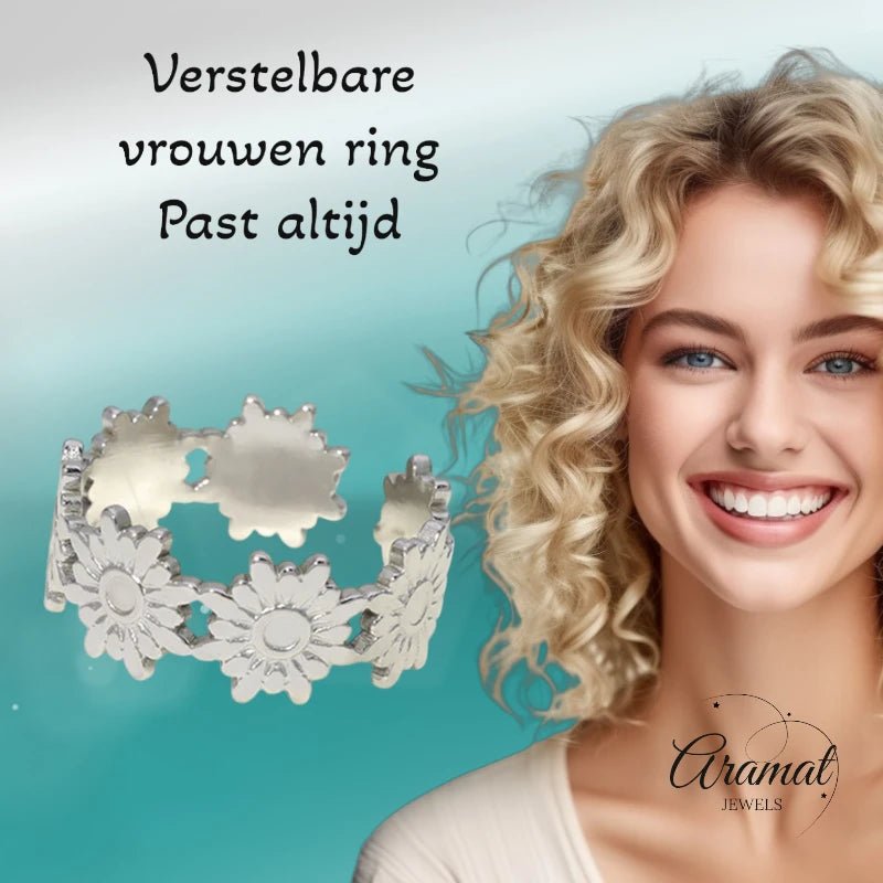 Damesring Verstelbaar &acirc;&euro;&ldquo; Bloemetjes Schakels &acirc;&euro;&ldquo; One Size - Zilve