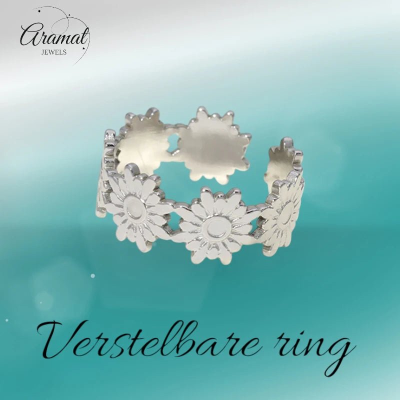 Damesring Verstelbaar &acirc;&euro;&ldquo; Bloemetjes Schakels &acirc;&euro;&ldquo; One Size - Zilve