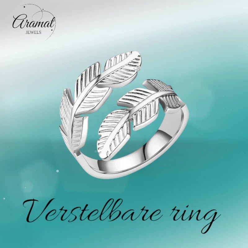 RVS Damesring Verstelbaar &acirc;&euro;&ldquo; Brede Open Veertjesvorm &acirc;&euro;&ldquo; 15 mm - 