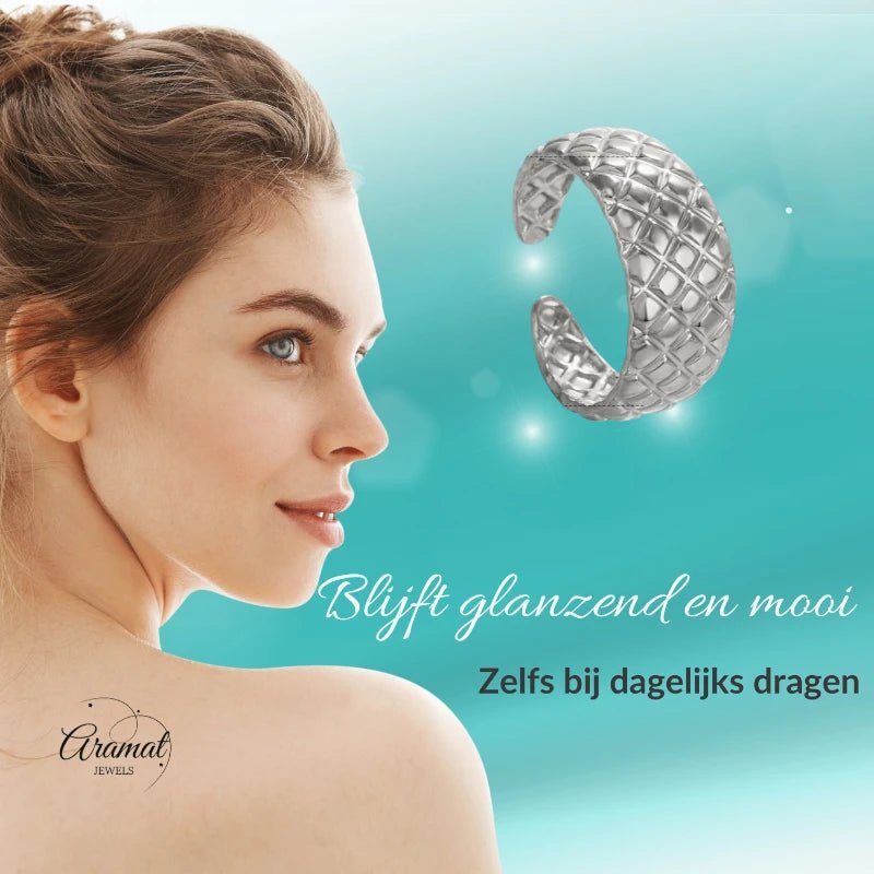 RVS Damesring Verstelbaar &acirc;&euro;&ldquo; Ruitjes Patroon - one size - Goudkleur -