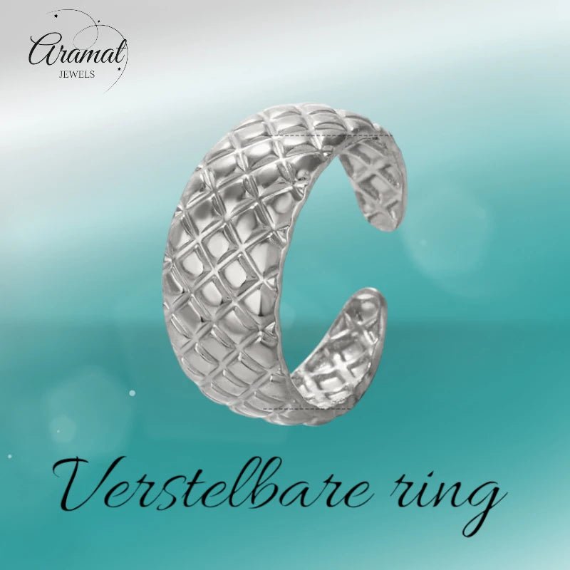 RVS Damesring Verstelbaar &acirc;&euro;&ldquo; Ruitjes Patroon - one size - Goudkleur -