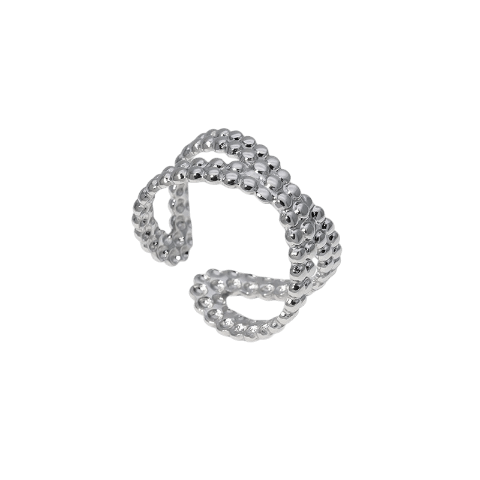 Open Ring Gekruiste Lijn met Bolletjes Reli&Atilde;&laquo;f (Verstelbaar RVS) - Zilverkleur -
