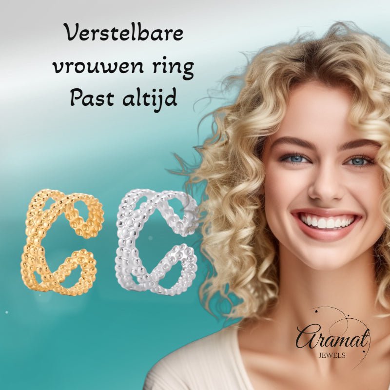 Open Ring Gekruiste Lijn met Bolletjes Reli&Atilde;&laquo;f (Verstelbaar RVS) - Zilverkleur -
