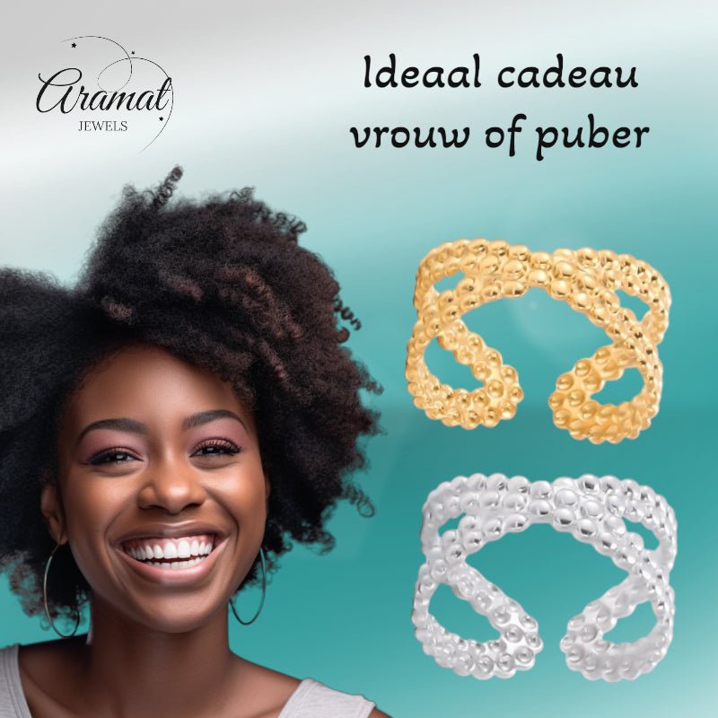 Open Ring Gekruiste Lijn met Bolletjes Reli&Atilde;&laquo;f (Verstelbaar RVS) - Zilverkleur -