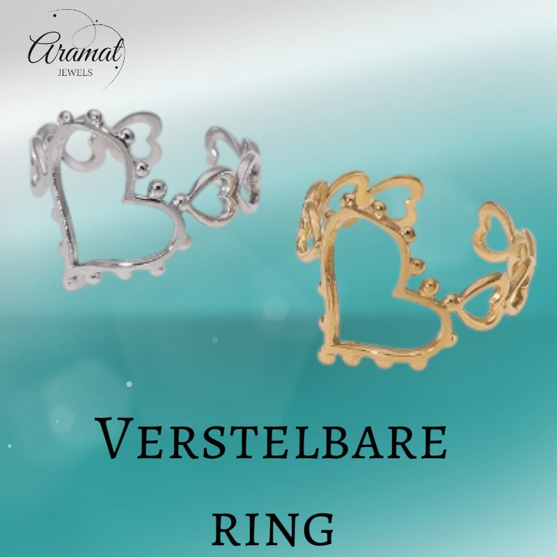 Open Ring Hartjes Schakel met Bolletjes Versiering (RVS Verstelbaar) - Zilverkleur -