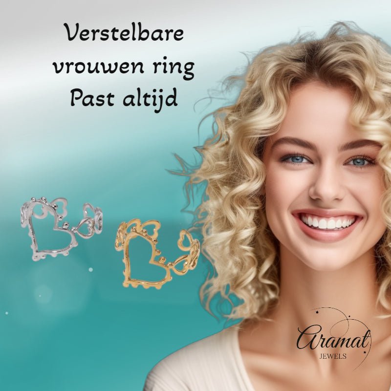 Open Ring Hartjes Schakel met Bolletjes Versiering (RVS Verstelbaar) - Zilverkleur -