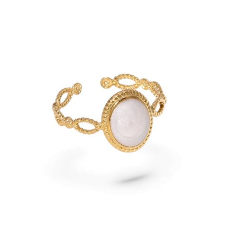 Open Ring RVS Ovaal Emaille met Dot Reli&Atilde;&laquo;f (Goudkleurig) - Wit -