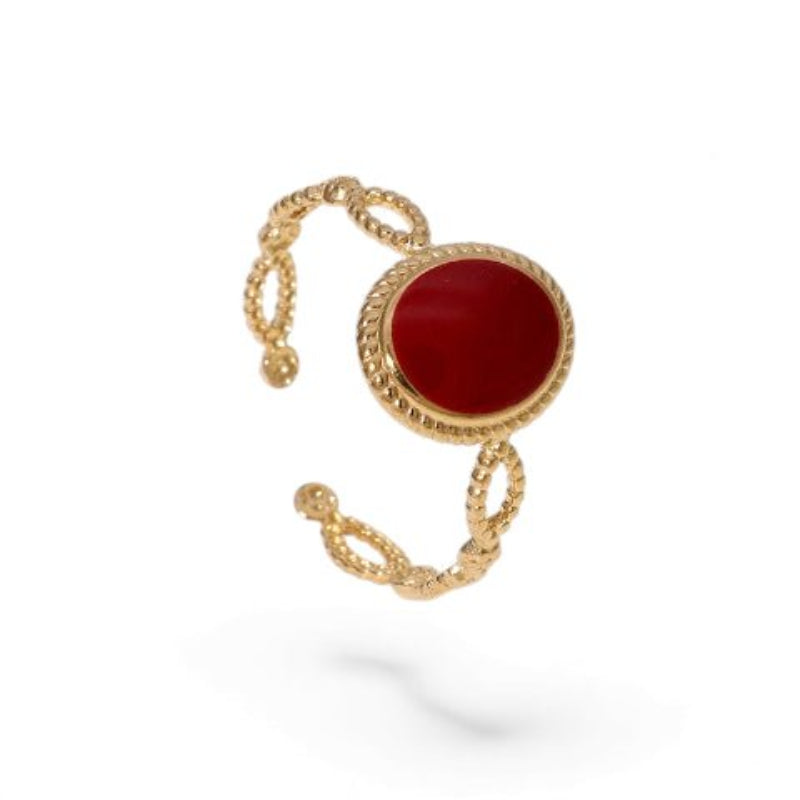 Open Ring RVS Ovaal Emaille met Dot Reli&Atilde;&laquo;f (Goudkleurig) - Rood -