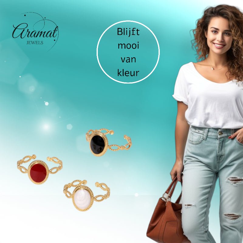 Open Ring RVS Ovaal Emaille met Dot Reli&Atilde;&laquo;f (Goudkleurig) - Rood -
