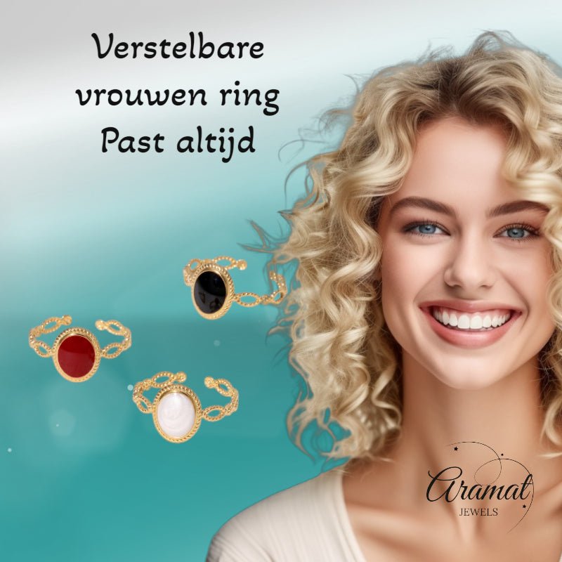 Open Ring RVS Ovaal Emaille met Dot Reli&Atilde;&laquo;f (Goudkleurig) - Rood -