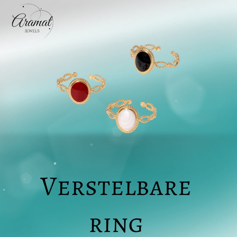 Open Ring RVS Ovaal Emaille met Dot Reli&Atilde;&laquo;f (Goudkleurig) - Rood -
