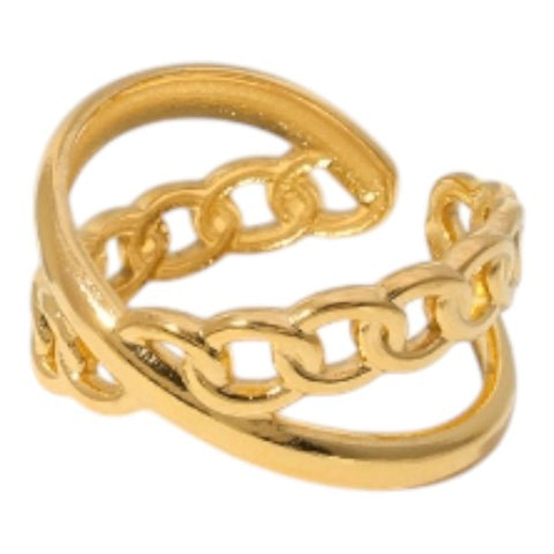 Open Ring Gekruist Motief: Glad en Schakel (RVS Verstelbaar) - Goudkleur -