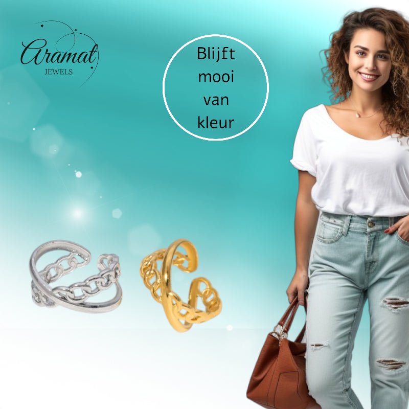 Open Ring Gekruist Motief: Glad en Schakel (RVS Verstelbaar) - Goudkleur -