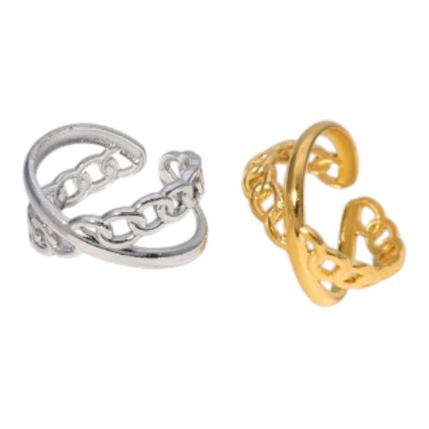Open Ring Gekruist Motief: Glad en Schakel (RVS Verstelbaar) - Goudkleur -