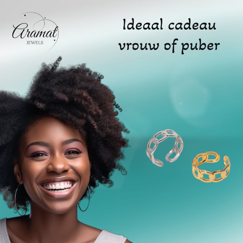 Open Ring Schakel Motief: Gladde en Fijne Schakelband (8 mm) - Goudkleur -