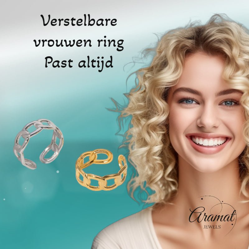 Open Ring Schakel Motief: Gladde en Fijne Schakelband (8 mm) - Goudkleur -