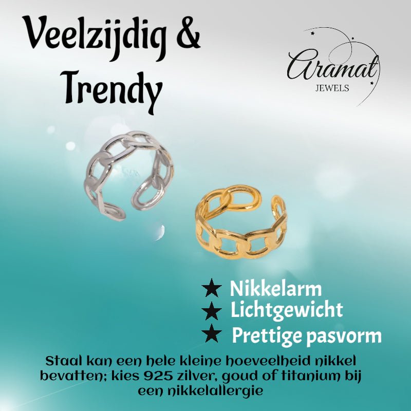 Open Ring Schakel Motief: Gladde en Fijne Schakelband (8 mm) - Goudkleur -