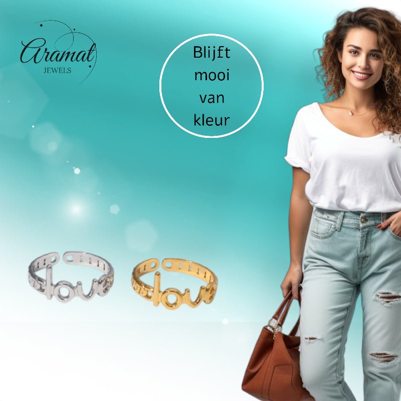 Open Ring Schakel Motief met Love Letters (8 mm Verstelbaar) - Goudkleur -