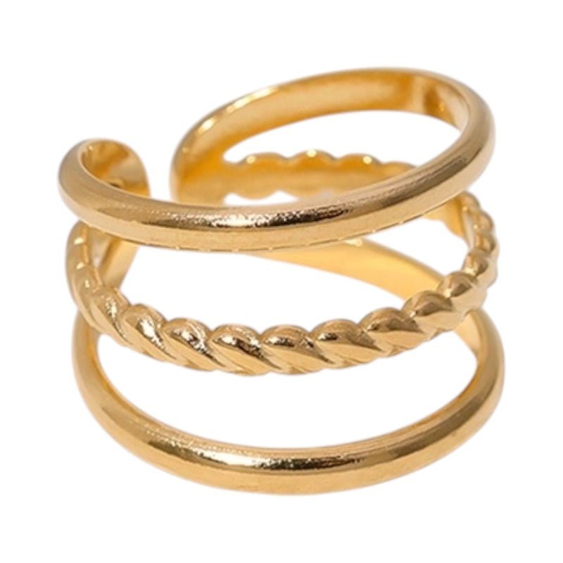 Open Ring Driedubbele Band: Glad en Gedraaid (15 mm Breed) - Goudkleur -