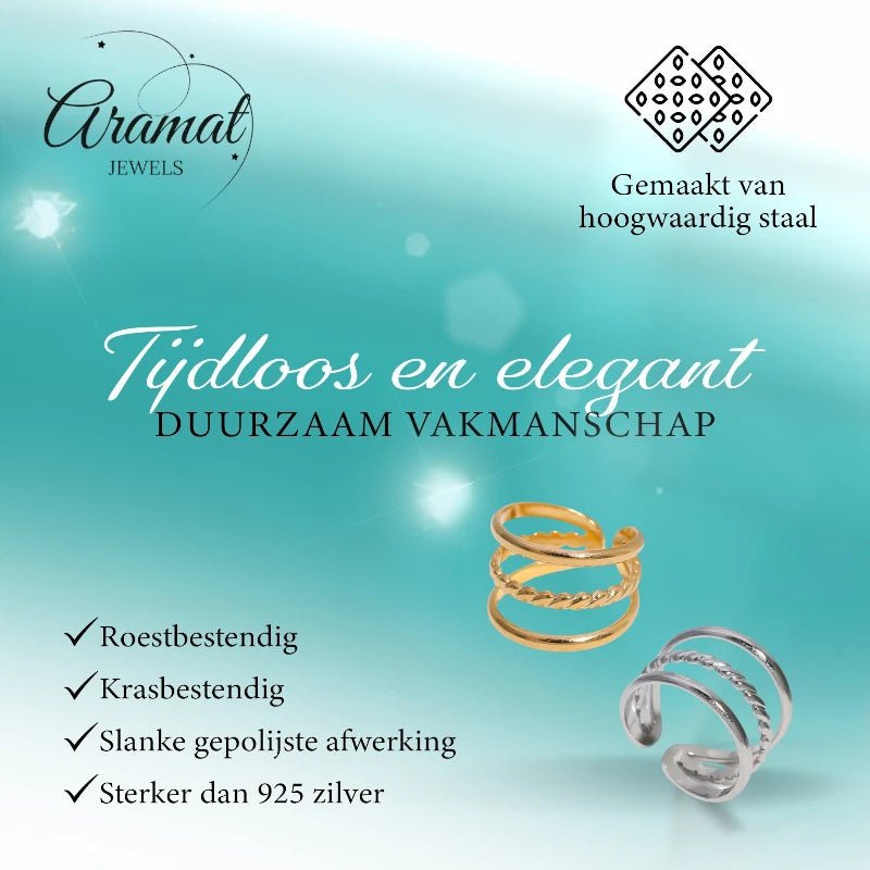 Open Ring Driedubbele Band: Glad en Gedraaid (15 mm Breed) - Goudkleur -