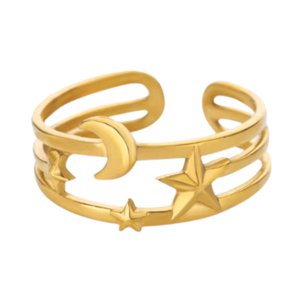 Open Ring RVS met Drie Sterren en Maan (9 mm) - Goudkleur -