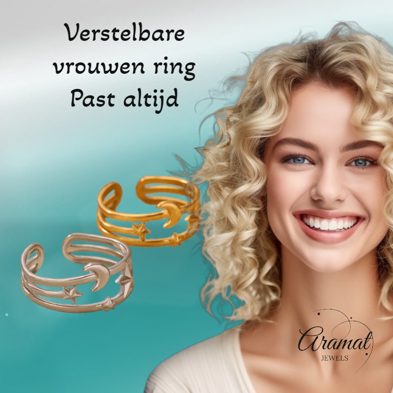 Open Ring RVS met Drie Sterren en Maan (9 mm) - Goudkleur -