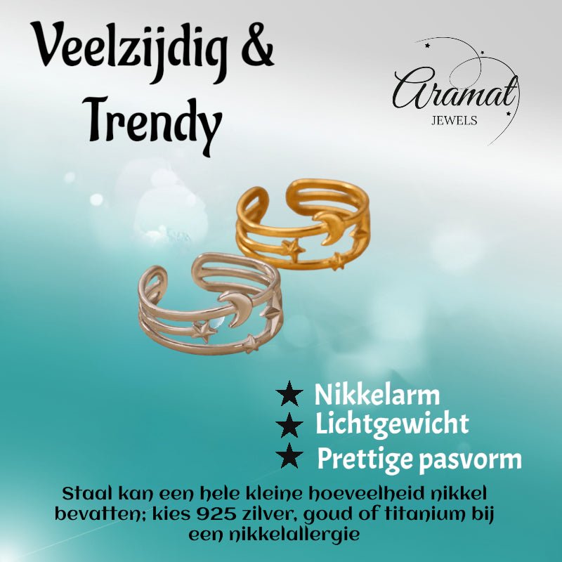 Open Ring RVS met Drie Sterren en Maan (9 mm) - Goudkleur -