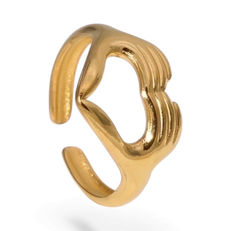 Open Ring RVS Hart met Handen Symbool (14 mm Breed) - Goudkleur -
