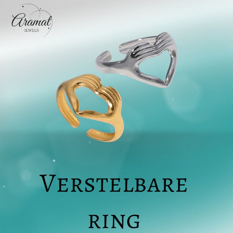 Open Ring RVS Hart met Handen Symbool (14 mm Breed) - Goudkleur -