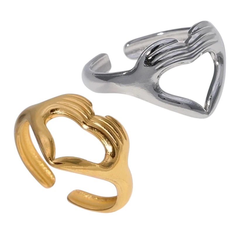 Open Ring RVS Hart met Handen Symbool (14 mm Breed) - Goudkleur -