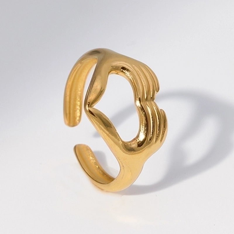 Open Ring RVS Hart met Handen Symbool (14 mm Breed) - Goudkleur -