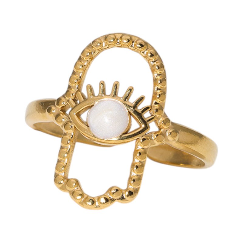 Open Ring RVS Hamsa Hand en Oog met Emaille (18 mm) - Wit -