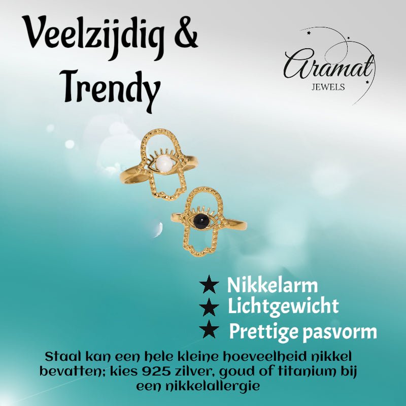 Open Ring RVS Hamsa Hand en Oog met Emaille (18 mm) - Wit -