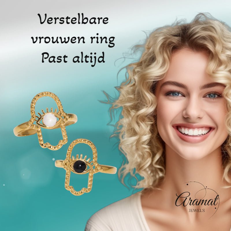 Open Ring RVS Hamsa Hand en Oog met Emaille (18 mm) - Wit -