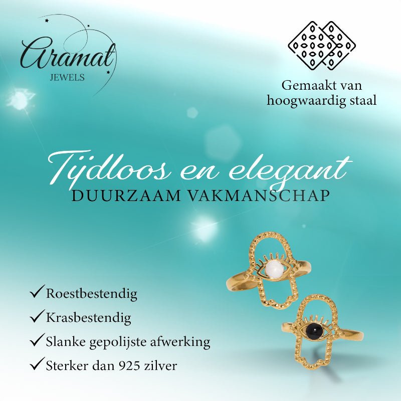 Open Ring RVS Hamsa Hand en Oog met Emaille (18 mm) - Wit -