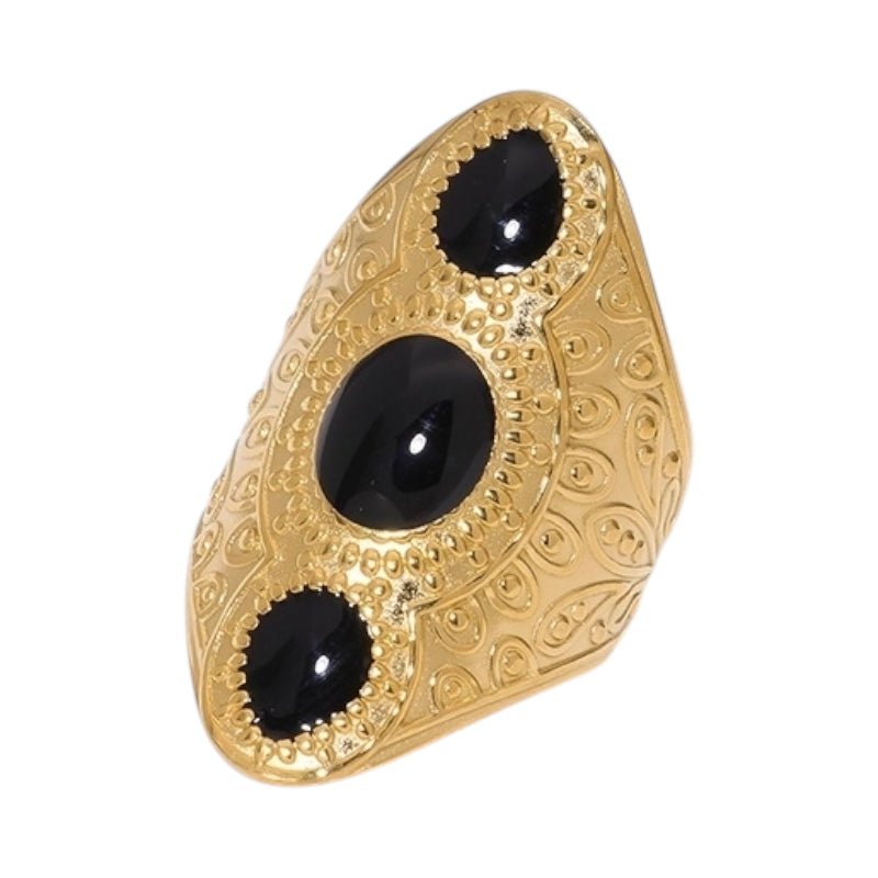 Statement Ring RVS met Drie Ovale Emaille Vullingen (45 mm Lang) - Zwart -