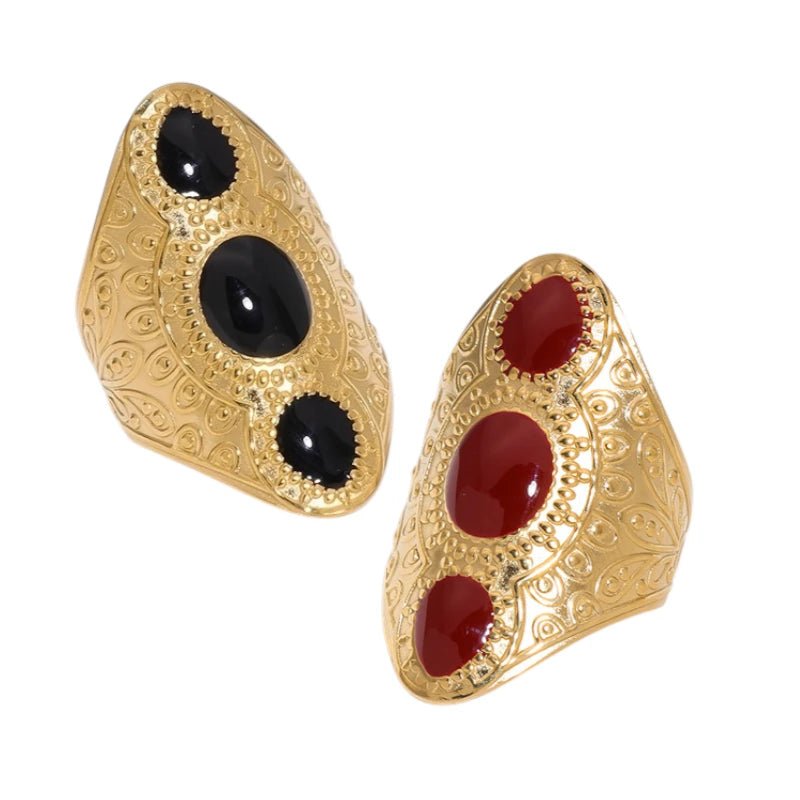 Statement Ring RVS met Drie Ovale Emaille Vullingen (45 mm Lang) - Zwart -