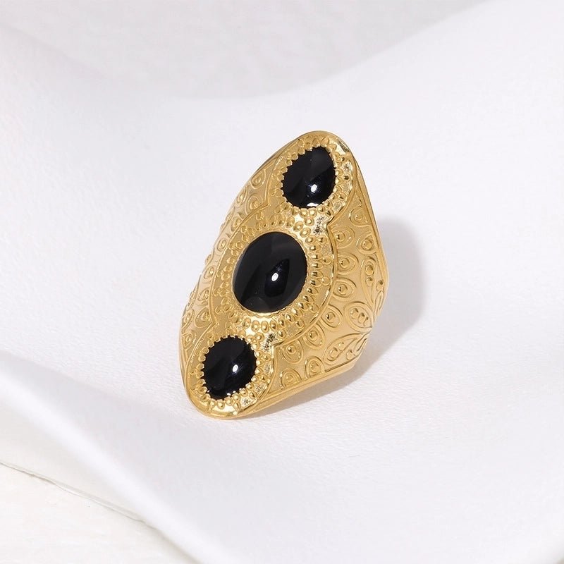 Statement Ring RVS met Drie Ovale Emaille Vullingen (45 mm Lang) - Zwart -