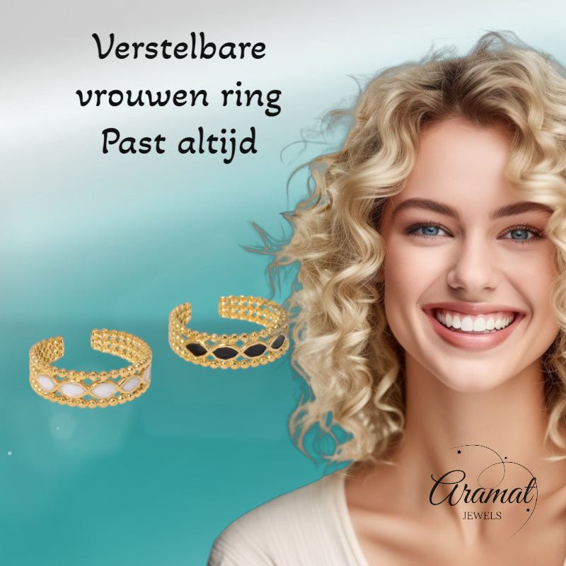 Open Ring RVS met Bolletjes Motief en Emaille Eclips (7 mm) - Wit -