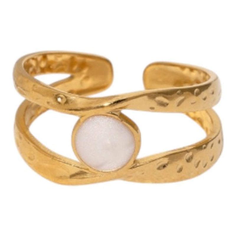 Open Ring RVS met Gehamerd Motief en Emaille Cirkel (9,5 mm) - Wit -