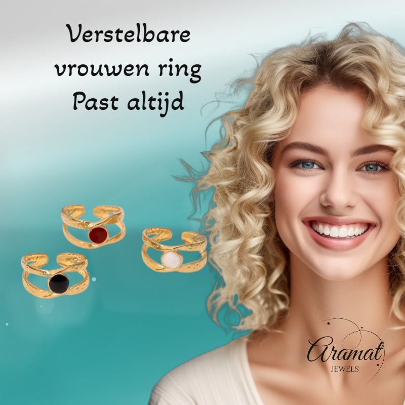 Open Ring RVS met Gehamerd Motief en Emaille Cirkel (9,5 mm) - Wit -