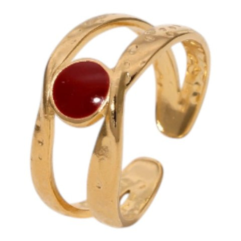 Open Ring RVS met Gehamerd Motief en Emaille Cirkel (9,5 mm) - Rood -