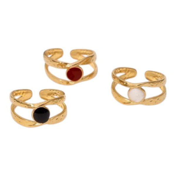 Open Ring RVS met Gehamerd Motief en Emaille Cirkel (9,5 mm) - Rood -