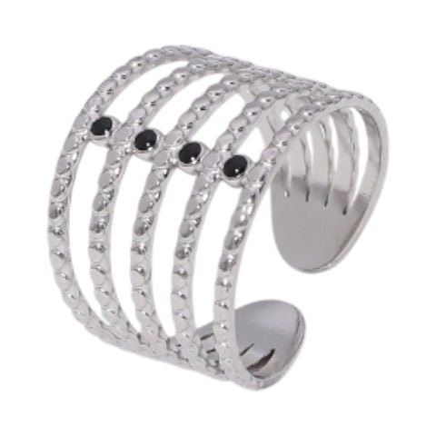 Brede Open Ring RVS met Bolletjesmotief en 5 Emaille Puntjes (16 mm) - Zilverkleur -