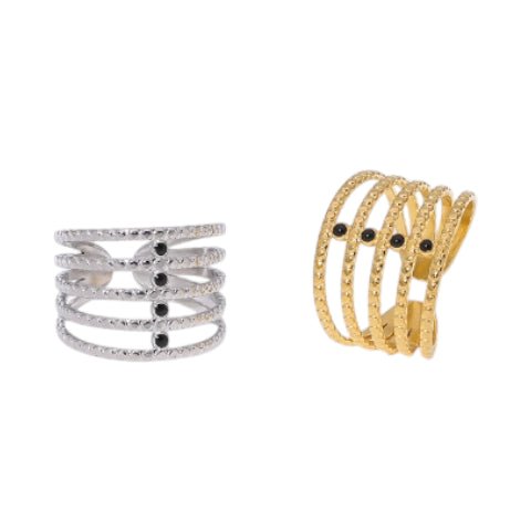 Brede Open Ring RVS met Bolletjesmotief en 5 Emaille Puntjes (16 mm) - Zilverkleur -