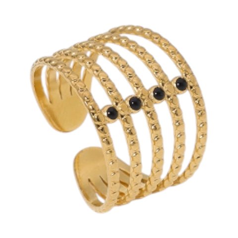 Brede Open Ring RVS met Bolletjesmotief en 5 Emaille Puntjes (16 mm) - Zilverkleur -
