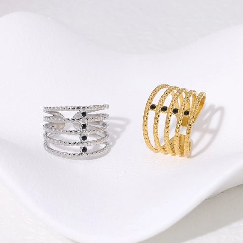 Brede Open Ring RVS met Bolletjesmotief en 5 Emaille Puntjes (16 mm) - Zilverkleur -